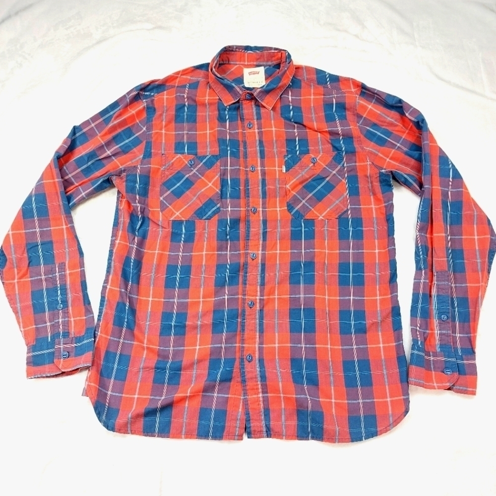 LEVI'S MEN'S BLUE AND RED PLAID LONG SLEEVE COTTON BLEND BUTTON UP SIZE LARGE